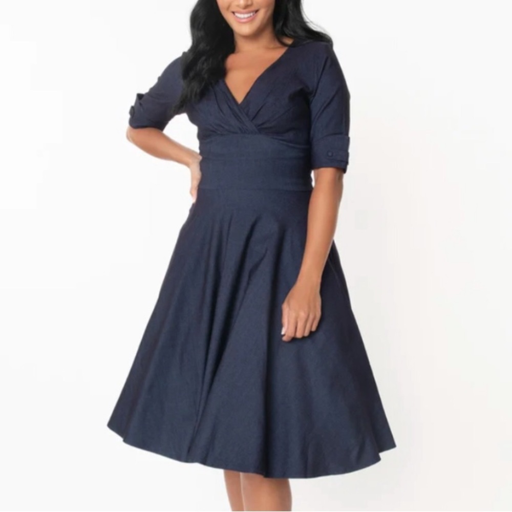NWT Unique Vintage Delores Retro Swing Dress in dark navy denim color size 18/2X